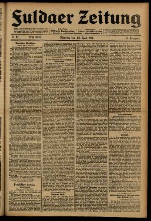 Erste Ausgabe vom Dienstag, den 22. April 1913.