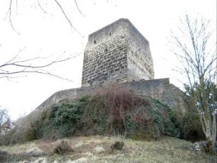 Stadtbefestigung - Ansicht im Osten mit Wehrturm (Roter Turm) im Burgviertel über Stadtmauer von Feldseite
