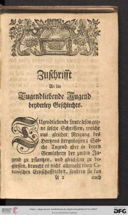 Zuschrifft an die Tugendliebende Jugend beyderley Geschlechts