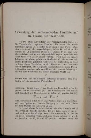 Anwendung der vorhergehenden Resultate auf die Theorie der Elektricität.