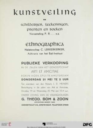 Kunstveiling : schilderijen, teekeningen, prenten en boeken, verzameling P. R... e.a. ; ethnographica, nalatenschap C. Lekkerkerker, achivaris van het Bali-Institut ; publieke verkooping 21 mei 1942