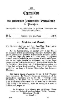 Preisvertheilung auf der Deutschen Unterrichtsausstellung in Chicago, 1893 : [A. Behörden und Beamte]