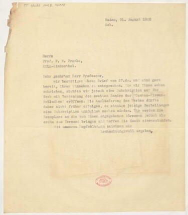 Brief an Friedrich Wilhelm Franke : 31.08.1928