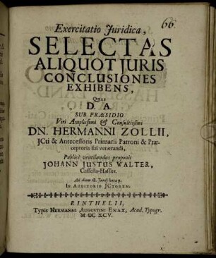 Exercitatio Iuridica, Selectas Aliquot Iuris Conclusiones Exhibens