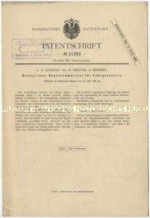 Patentschrift eines beweglichen Bügelkammdeckels für Fahrgeschirre, Patent-Nr. 21382