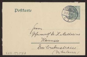 Schreiben an Hermann Muthesius (Postkarte)