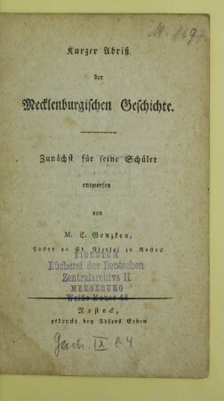 Kurzer Abriß der Mecklenburgischen Geschichte : zunächst für seine Schüler