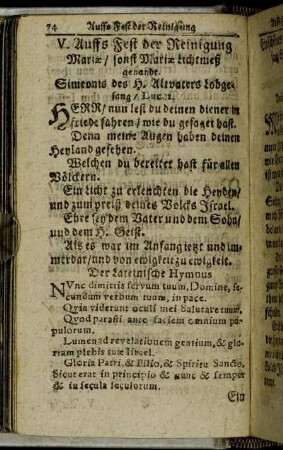 V. Auffs Fest der Reinigung Mariæ.