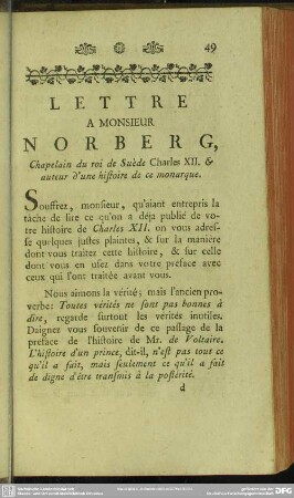 Lettre A Monsieur Norberg, Chapelain du roi de Suède Charles XII. & auteur d'une histoire de ce monarque
