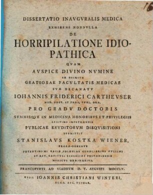 Diss. inaug. med., exhibens nonnulla de horripilatione idiopathica