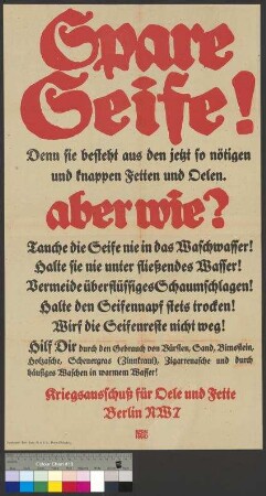 Aufruf mit Anleitung zur Einsparung von Seife während des Ersten Weltkriegs