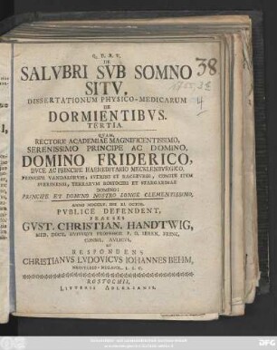 De Salvbri Svb Somno Sitv : Dissertationum Physico-Medicarum De Dormientibvs. Tertia