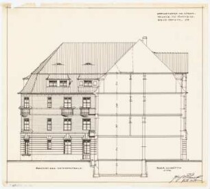 Hotel, Cottbus: Aufriss der Ansicht des Seitenflügels 1:100; Querschnitt des Hauptflügels 1:100