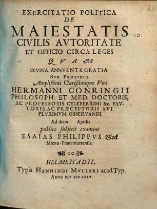 Exercitatio politica de maiestatis civilis autoritate et officio circa leges