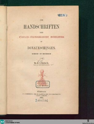 Die Handschriften der Fürstlich-Fürstenbergischen Hofbibliothek zu Donaueschingen