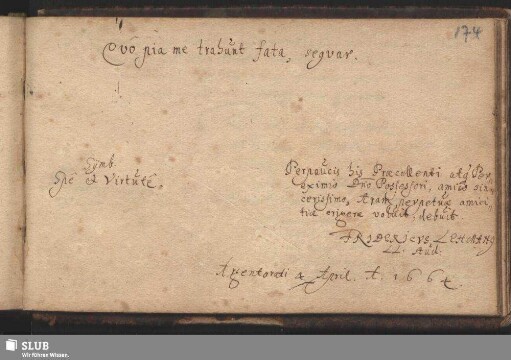 Stammbucheintrag von Friedrich Lehmann. Straßburg, 4. April 1664