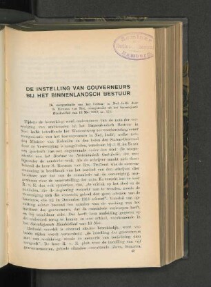 De instelling van gouverneurs bij het binnenlandsch bestuur
