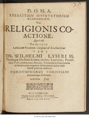Exercitium Disputatorium Academicum, De Religionis Coactione
