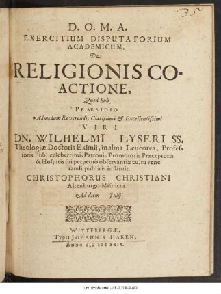 Exercitium Disputatorium Academicum, De Religionis Coactione