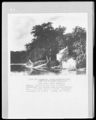 Landschaft mit Weiher und Fischerhäusern
