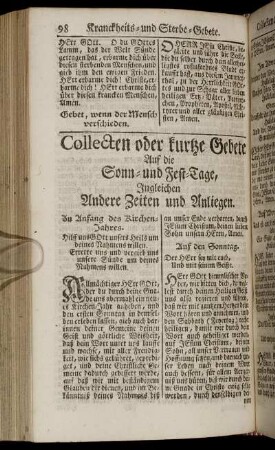 Collecten oder kurtze Gebete Auf die Sonn- und Fest-Tage, Ingleichen Andere Zeiten und Anliegen.