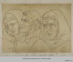 Köpfe dreier Mönche aus dem Giotto-Zyklus von Assisi (Szenen XV und XVIII)