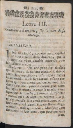 Lettre III. Condoleance à un ami, sur la mort de sa maitresse