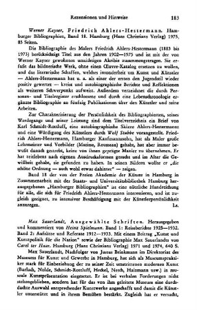Kayser, Werner :: Friedrich Ahlers-Hestermann, (Hamburger Bibliographien, 18) : Hamburg, Christians, 1975