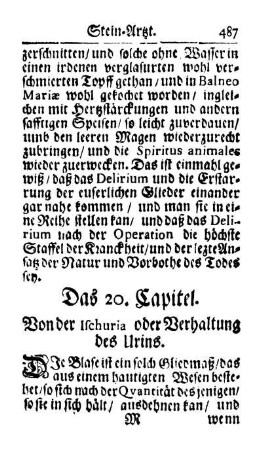 Das Zwanzigste Capitel. Von der Ischuria oder Verhaltung des Urins.