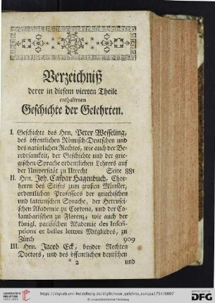 Verzeichniß derer in diesem vierten Theile enthaltenen Geschichte der Gelehrten.