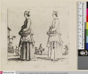 [Zwei Darstellungen einer Bäuerin mit Korb im Profil nach links nebeneinander, ausgeführt und als Strichzeichnung; Deux figures...]