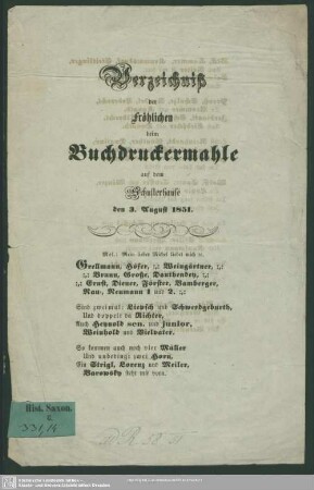 Verzeichniß der fröhlichen beim Buchdruckermahle auf dem Schusterhause den 3. August 1851