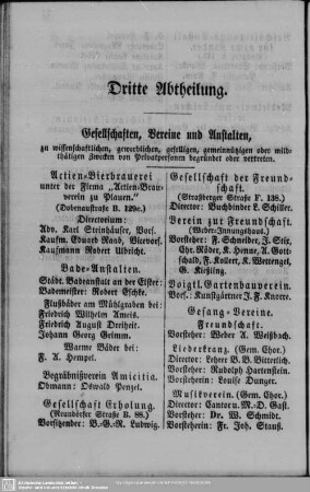 Dritte Abtheilung. Gesellschaften, Vereine und Anstalten
