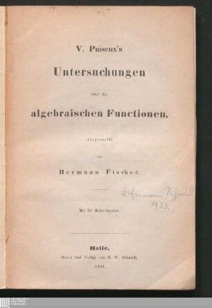 V. Puiseux's Untersuchungen über die algebraischen Functionen