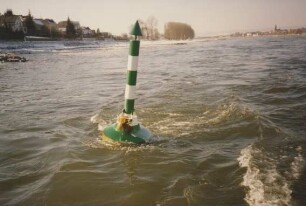 Durch Treibeis beschädigte Tonne im Rhein