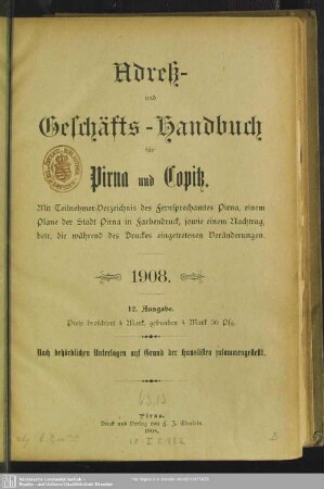 12.1908: Adreß- und Geschäftshandbuch für Pirna, Copitz und Posta