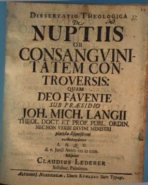 Diss. theol. de nuptiis ob consanguinitatem controversis