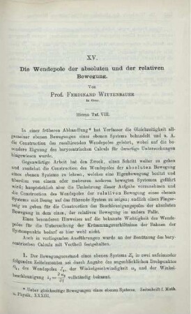 XV. Die Wendepole der absoluten und der relativen Bewegung.