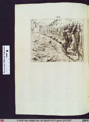 Moses führt das Volk Israel durch das rote Meer, senkt seinen Stab und die Ägypter werden von den Fluten erfasst.