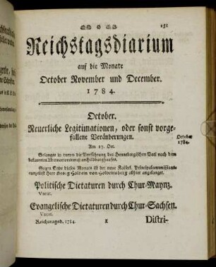 Reichstagsdiarium auf die Monate October November und December. 1784.
