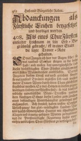 Abdanckungen als Fürstliche Leichen beygesetzet und beerdiget worden. 408. - 417.