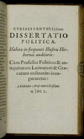 Cyriaci Lentuli à Lentz Dissertatio Politica