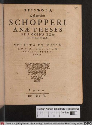 Epistola, Qua breviter Schopperi Anae Theses De S. Coena Examinantur : Scripta Et Missa Ad N.N. Studiosum Academ. Altorfinae