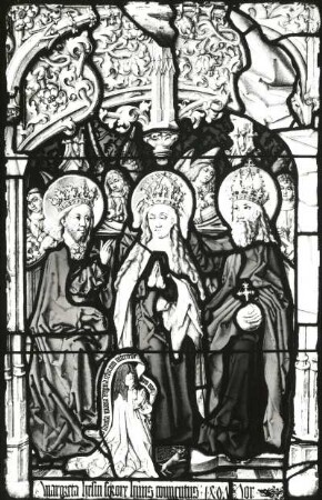 Krönung der Maria. Glasmalerei, 1479. Wörlitz, Gotisches Haus, Sammlung der Glasgemälde, Speisezimmer. Ausstellung "Mittelalterliche Glasmalerei in der DDR", Erfurt 1989/1990. Kat. Nr. 49
