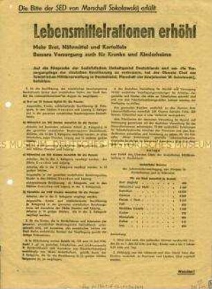 Propagandaflugblatt der SED zur Erhöhung der Lebensmittelrationen durch die SMAD