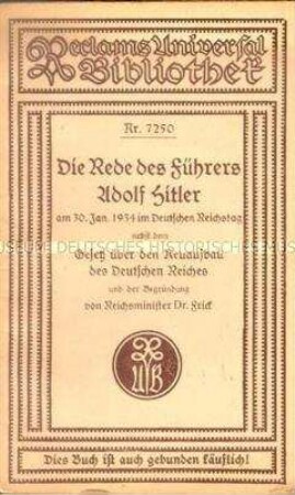 Heft aus Reclams Universal-Bibliothek mit der Rede Hitlers vor dem Reichstag am 30. Januar 1934 und dem Gesetz über den Neuaufbau des Deutschen Reiches