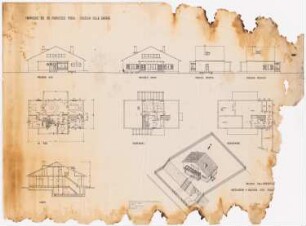 Propiedad de Sr. Francisco Fonck, Valdivia: Ansichten, Grundrisse, Schnitt, perspektivische Ansicht (Vogelschau)