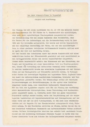 Schauspielhaus, Wuppertal: Dreiseitiges Schriftstück, Projekt und Ausführung