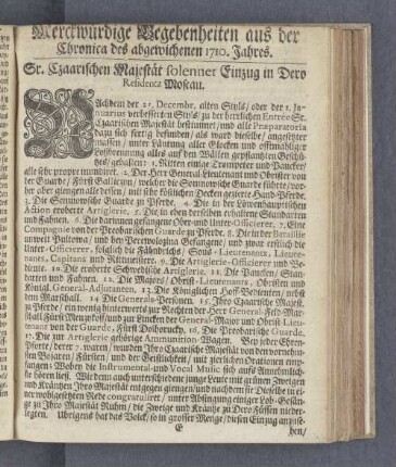 Merckwürdige Begebenheiten aus der Chronica des abgewichenen 1710. Jahres.