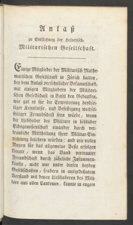 Anlaß zu Entstehung der Helvetisch-Militarischen Gesellschaft